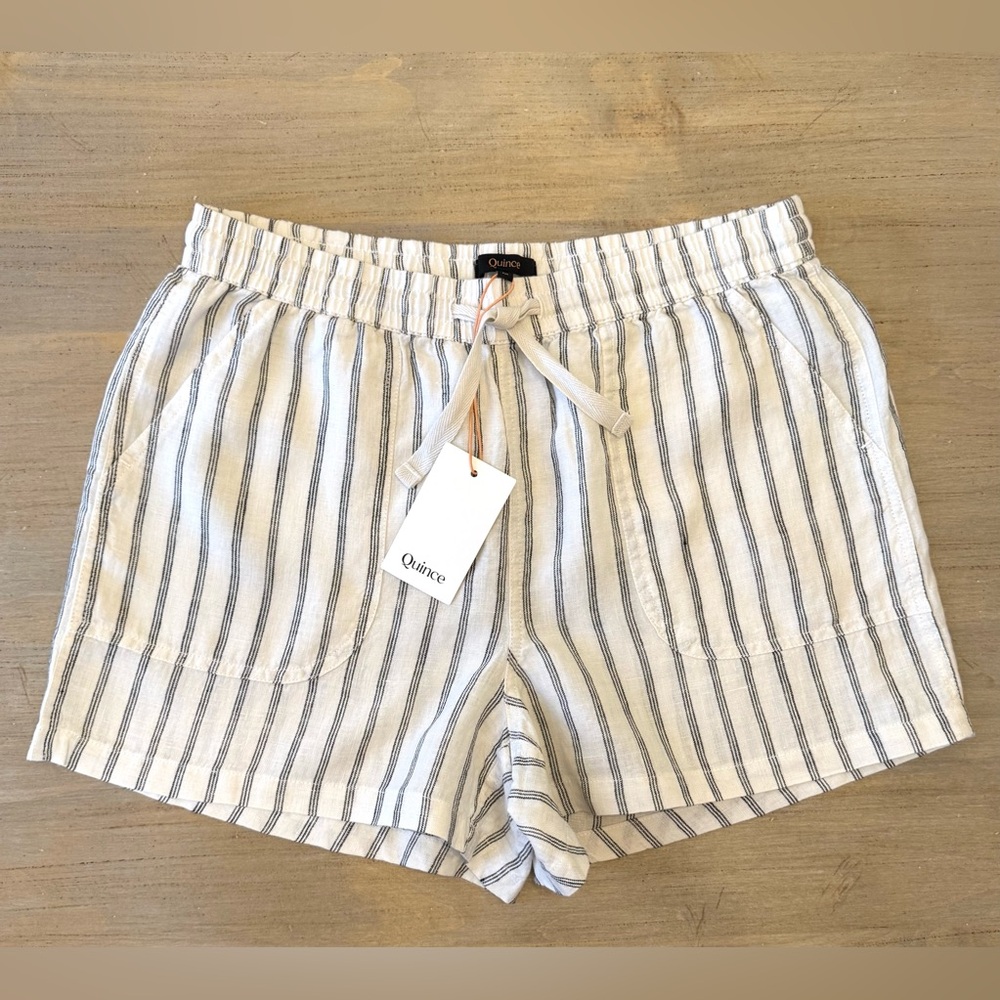 Quince Women's Ivory and Black Drawstring 100% Linen Shorts Medium NWT